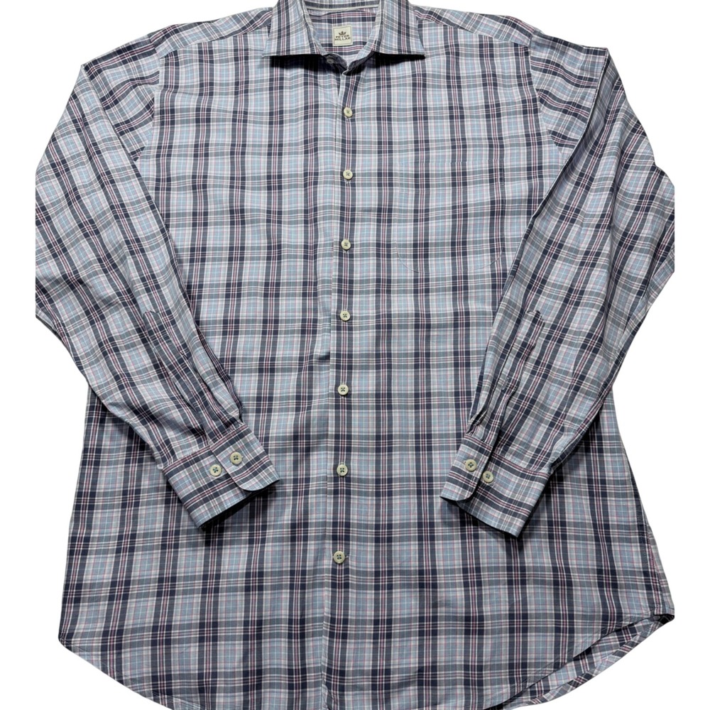 Peter Millar Men Large Blue Pink Plaid Cotton Button Down Shirt Crown Collection